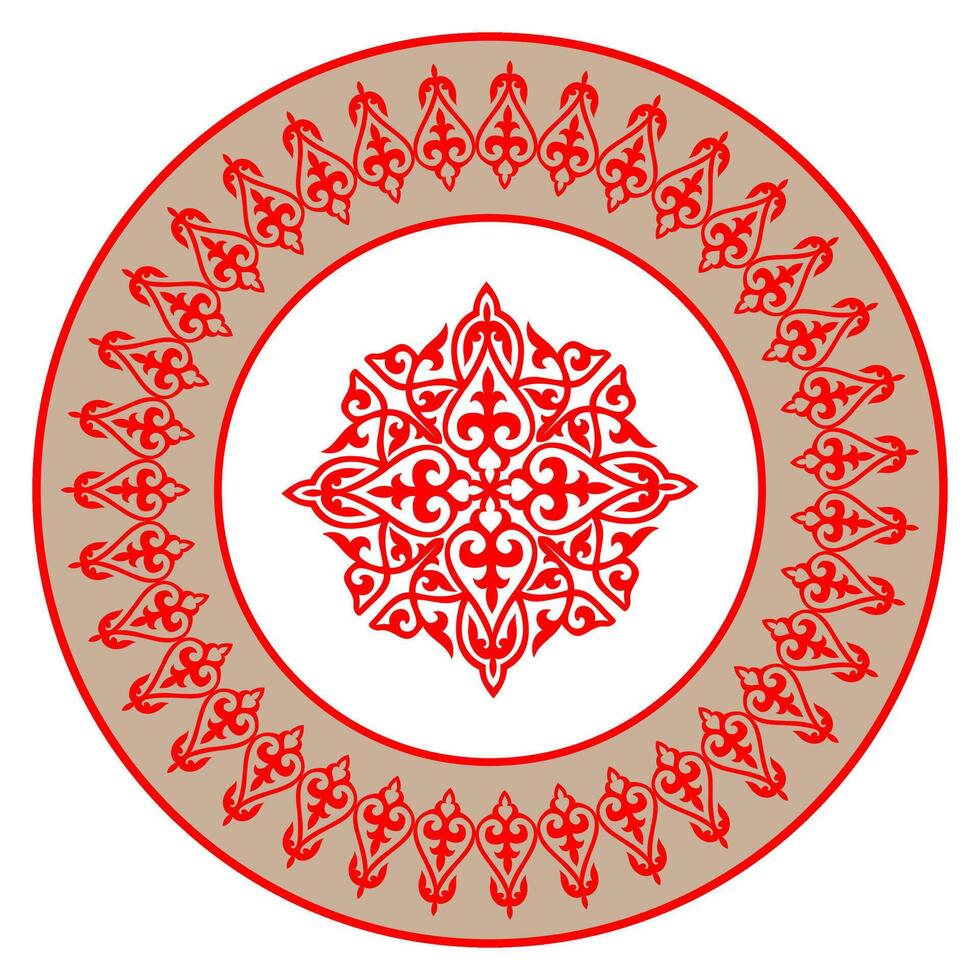 Red and gold Ethnic Asia national round frame with a pattern in the center. Ethnic Asia ornament of the nomadic peoples of Asia, the Great Steppe, Kazakhs, Kirghiz, Kalmyks, Mongols, Turkmens. vector
