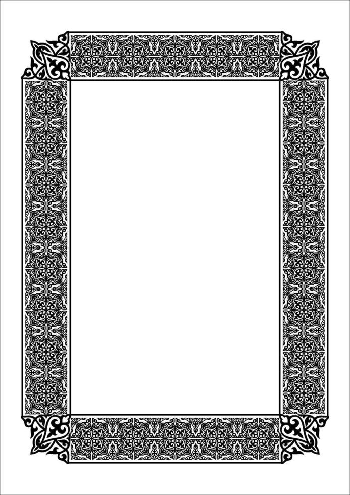 Black monochrome rectangular Vertical Islamic Asian Kazakh national ornament award frame. A4 format. Kazakh pattern frame, border, decorative ornament of the Kazakh, Kyrgyz, Mongol, Tatar, Uzbek. vector
