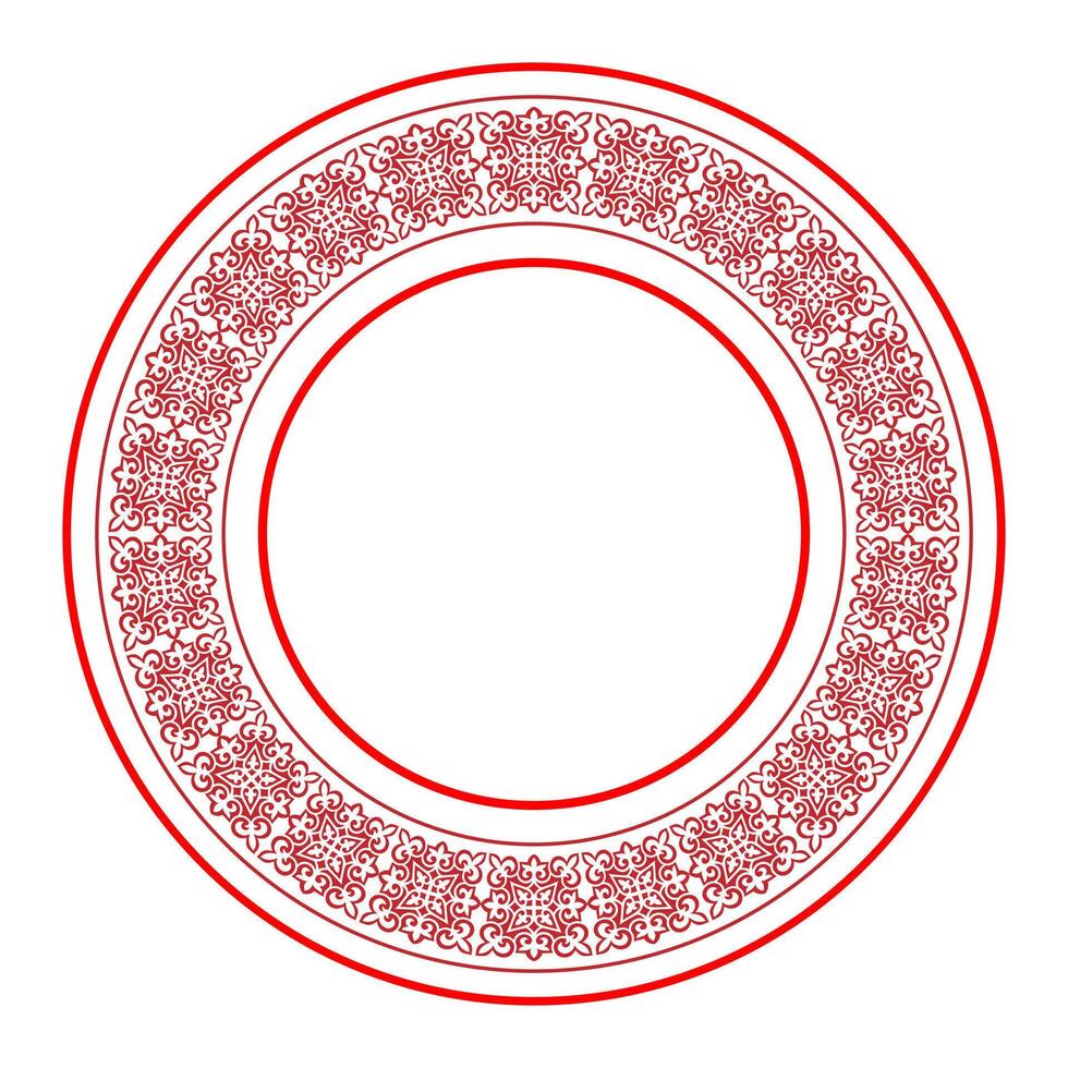 Red Islamic Asian national round ornament. Kazakh pattern frame, border, decorative ornament. Traditional red ornament of middle Asia for decoration of clothes and yurts. Nomadic ornament. vector