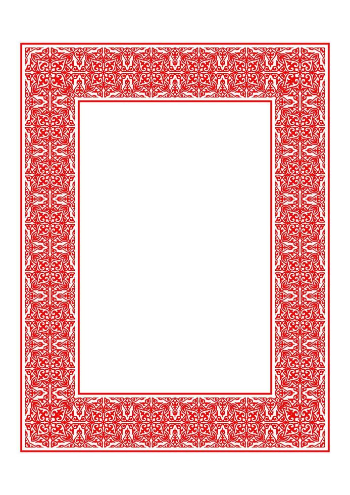 Red rectangular Vertical Islamic Asian Kazakh national ornament frame. A4 format. Kazakh pattern frame, border, decorative ornament of the Kazakh, Kyrgyz, Mongol, Tatar, Uzbek. For sandblaster vector