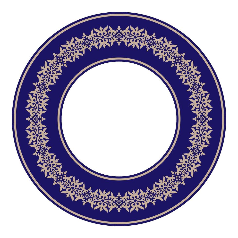 Blue and gold round Kazakh national ornament. Ethnic pattern of the peoples of the Great Steppe, Kazakh, Mongols, Kyrgyz, Kalmyks, Buryats. Circle, frame border. For sandblaster vector