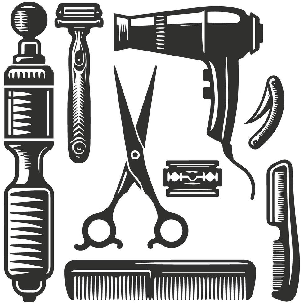 Barber tools and accessories set, black and white illustration vector