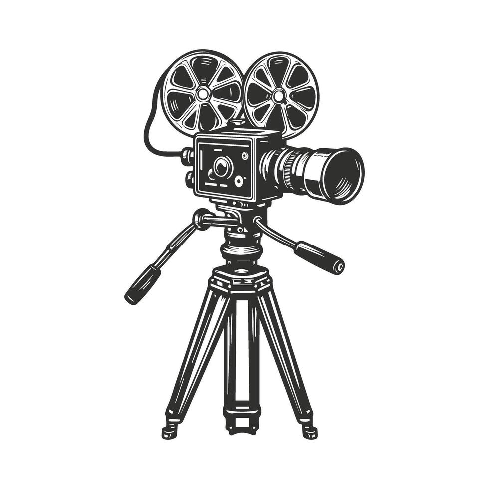 An old movie camera on a tripod with two film reels vector