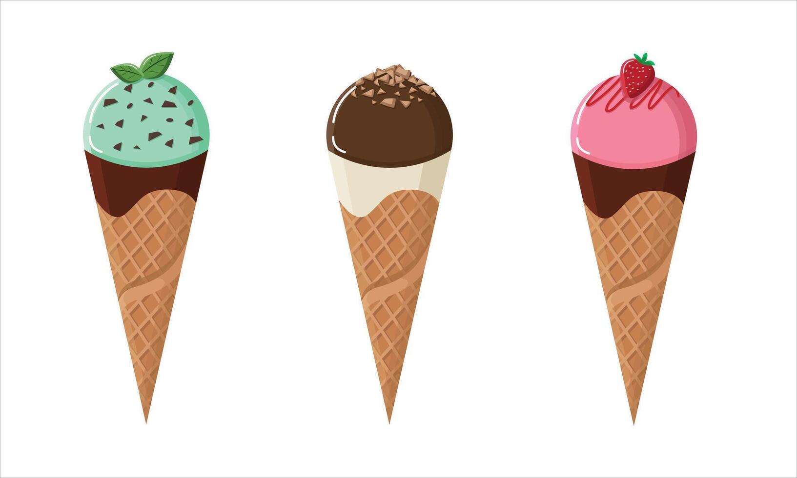 Set of ice cream cones with various flavors. Ice cream in mint choco, chocolate, strawberry flavors vector
