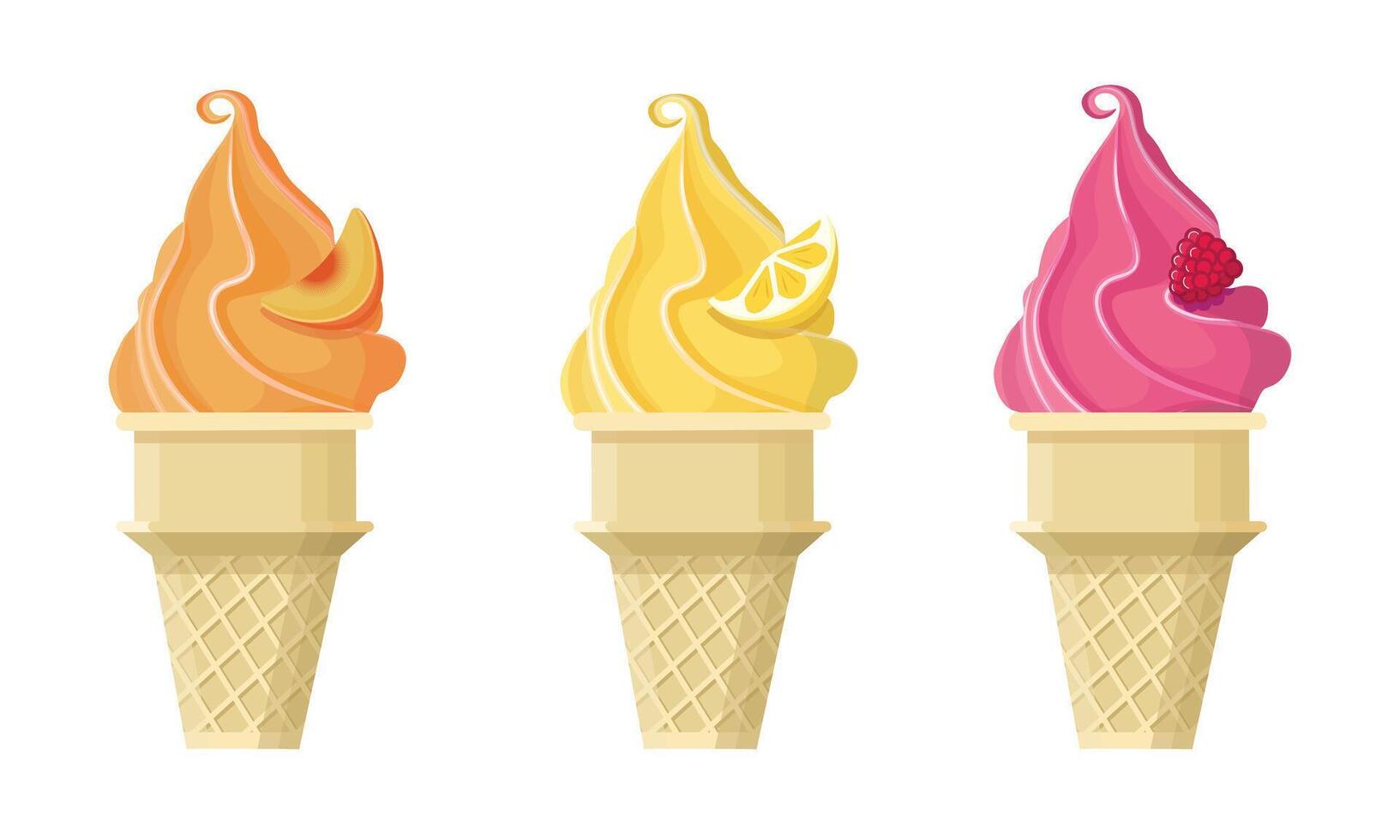 Set of ice cream cones with fruit flavors. Ice cream in peach, lemon, and raspberry flavors vector