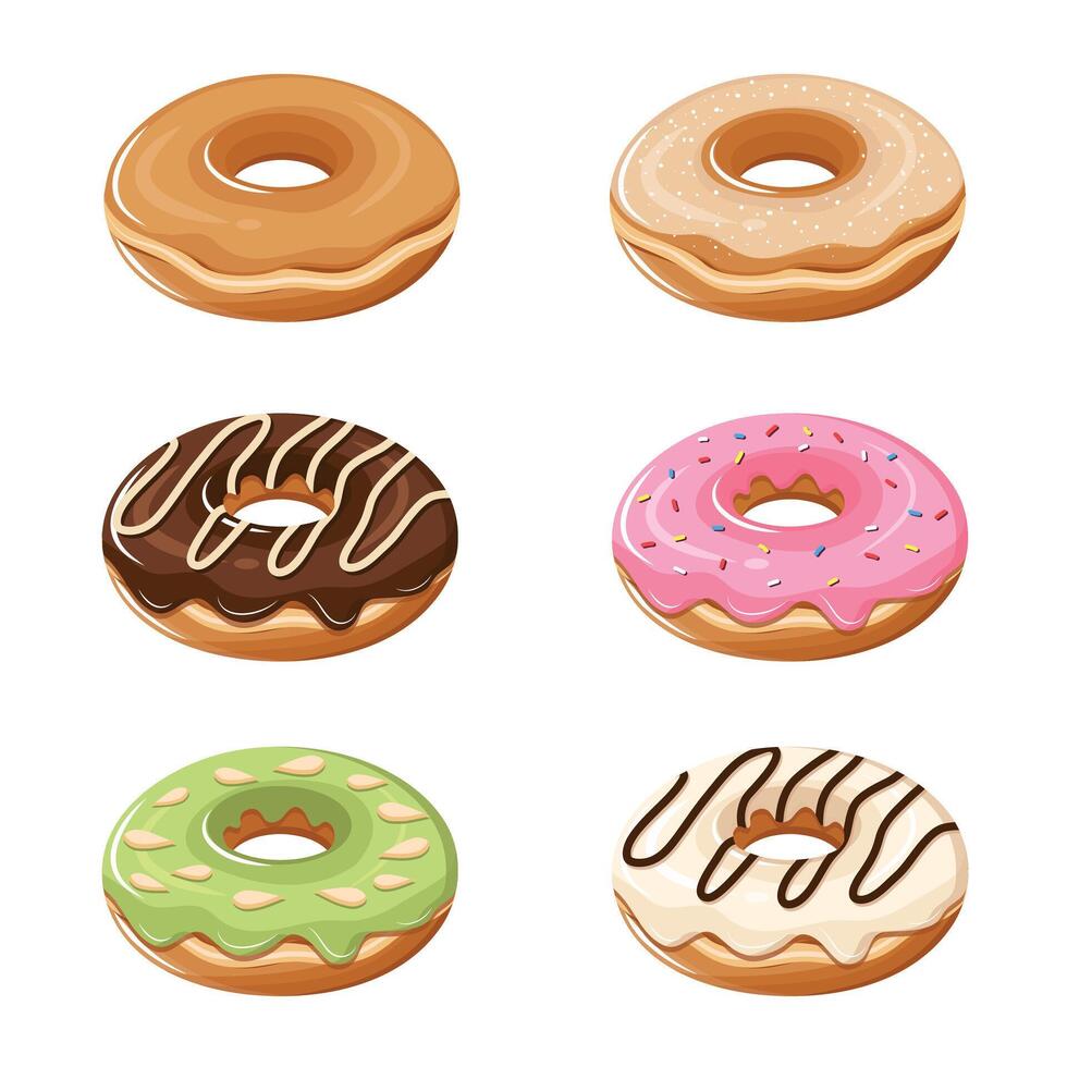 Set of various glazed doughnut illustration icons vector
