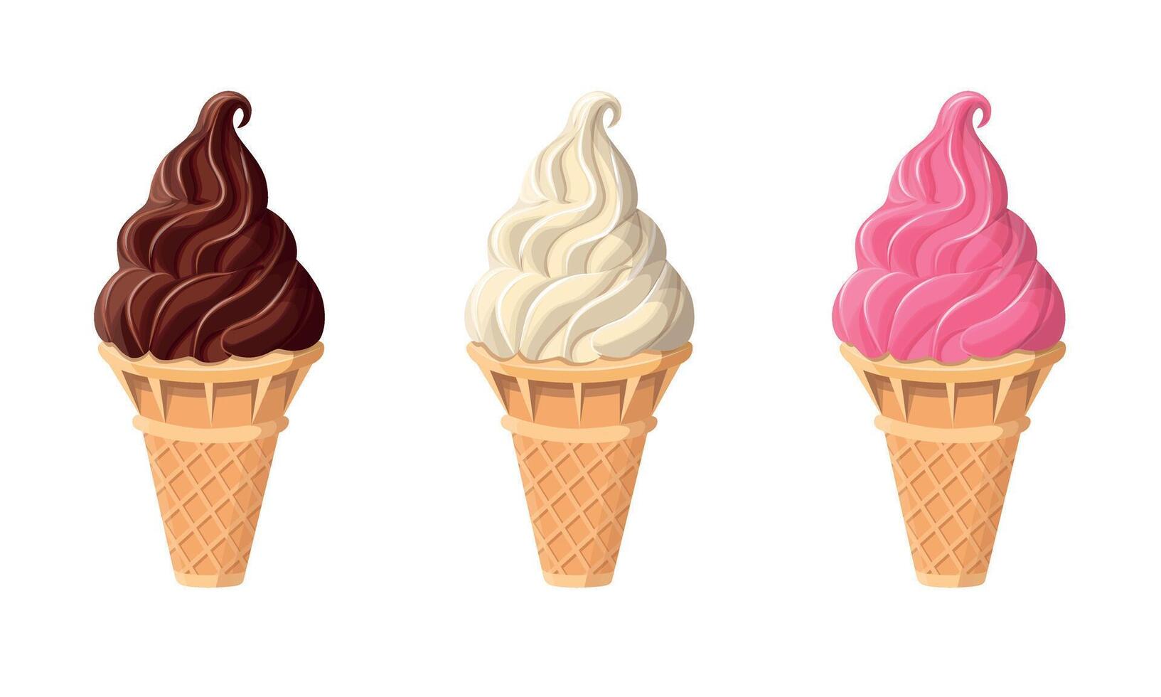 Set of ice cream cones with various flavors. Ice cream in chocolate, vanilla, and strawberry flavors vector
