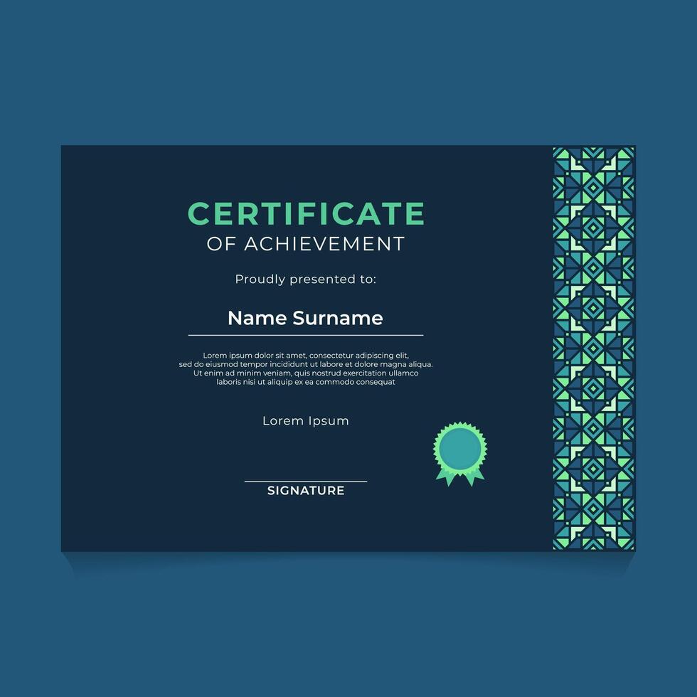 Islamic Oriental Geometric Certificate Design with Vertical Ornament on The Right Side and Dark Theme vector