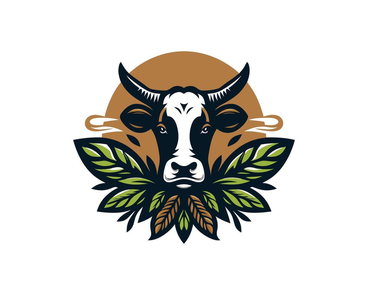 cow head with leaves and sun on background vector