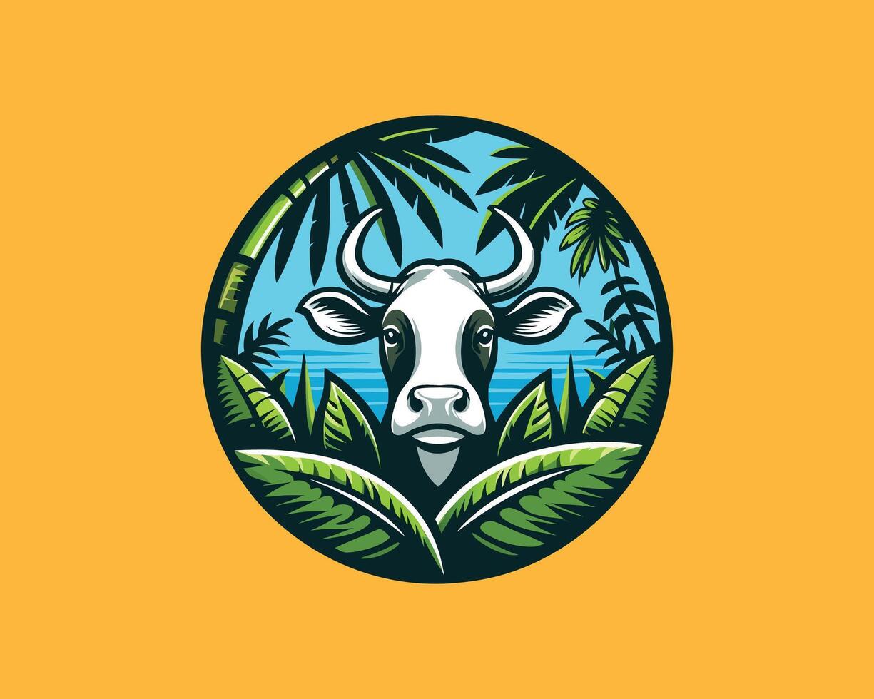cow in jungle with palm leaves and leaves vector