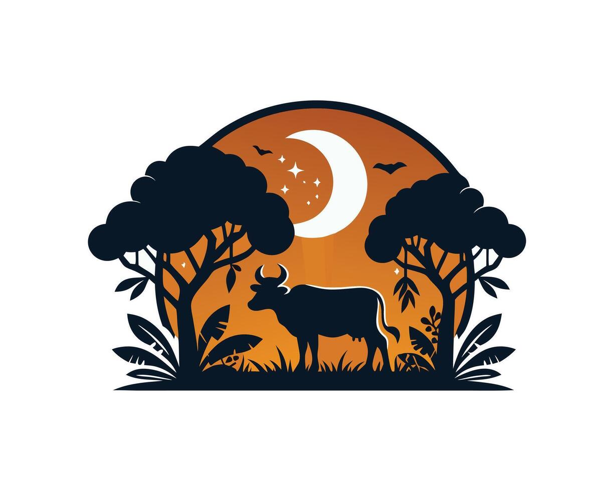 cow silhouette in the forest at night with moon and trees vector