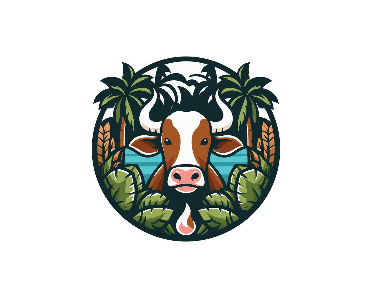 cow with palm trees and water in the background vector