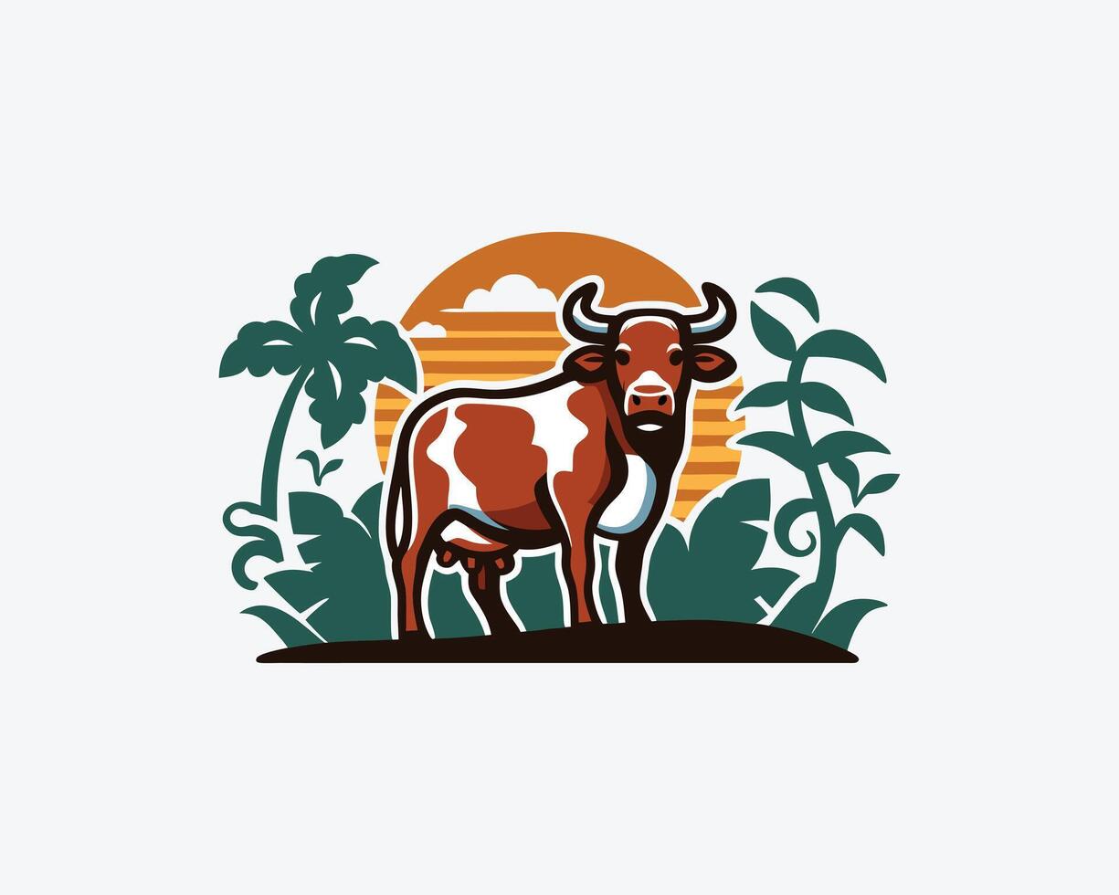cow in the jungle at sunset vector