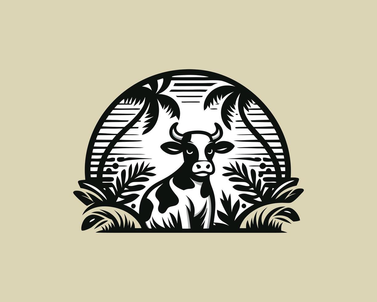 a cow in the jungle with palm trees vector