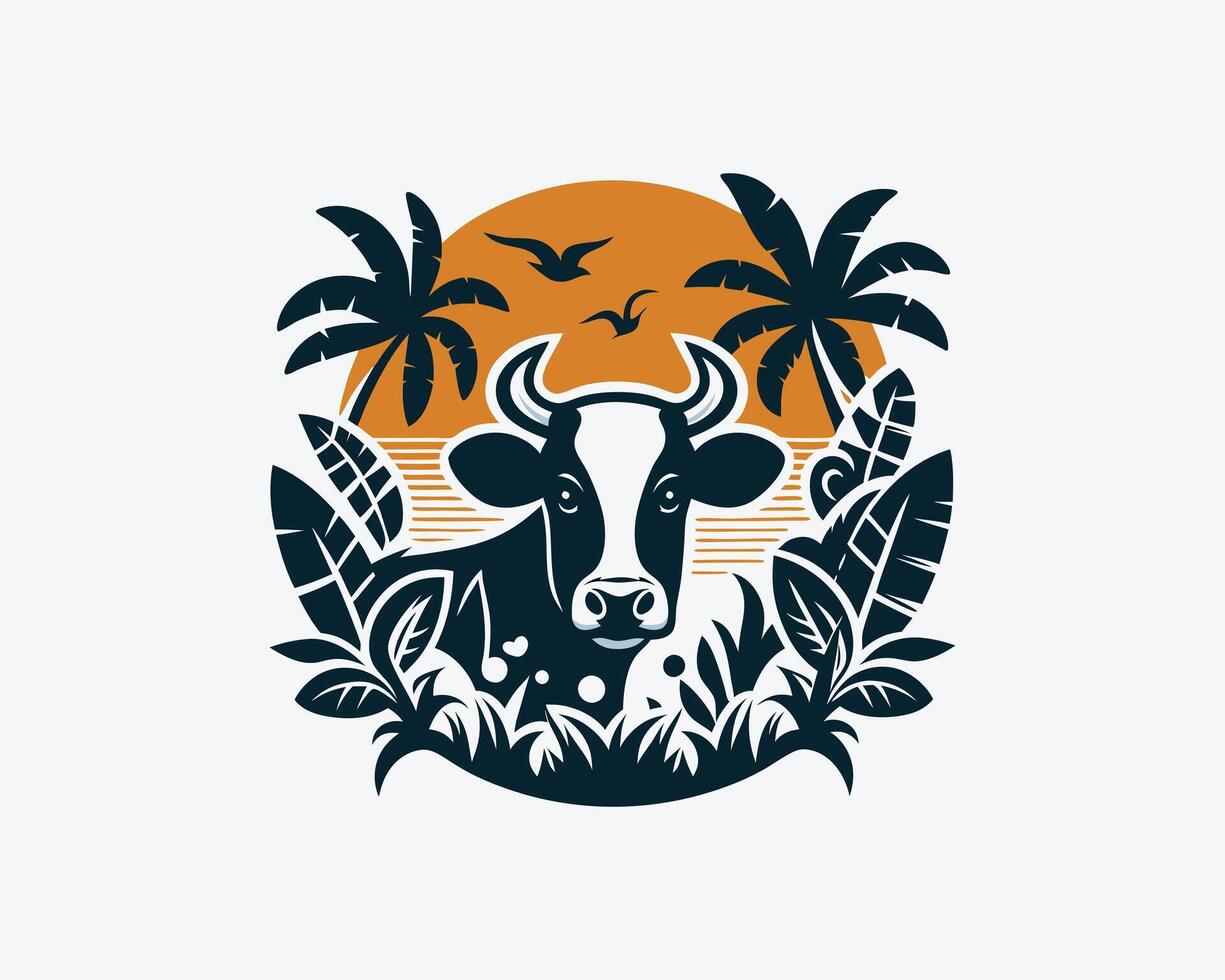 cow in the jungle with palm trees and birds vector