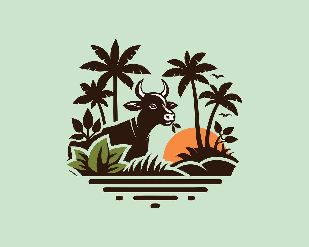 an image of a cow in the jungle with palm trees vector