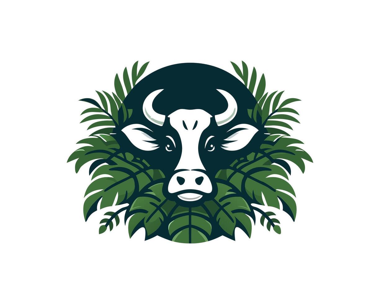 cow head with horns and leaves in the background vector