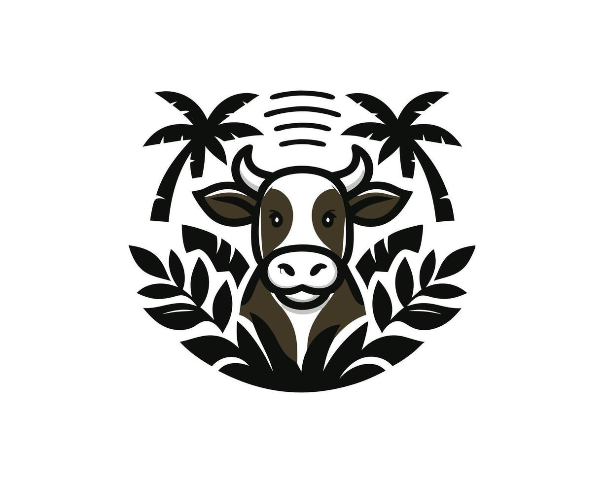cow with palm trees and leaves in the background vector