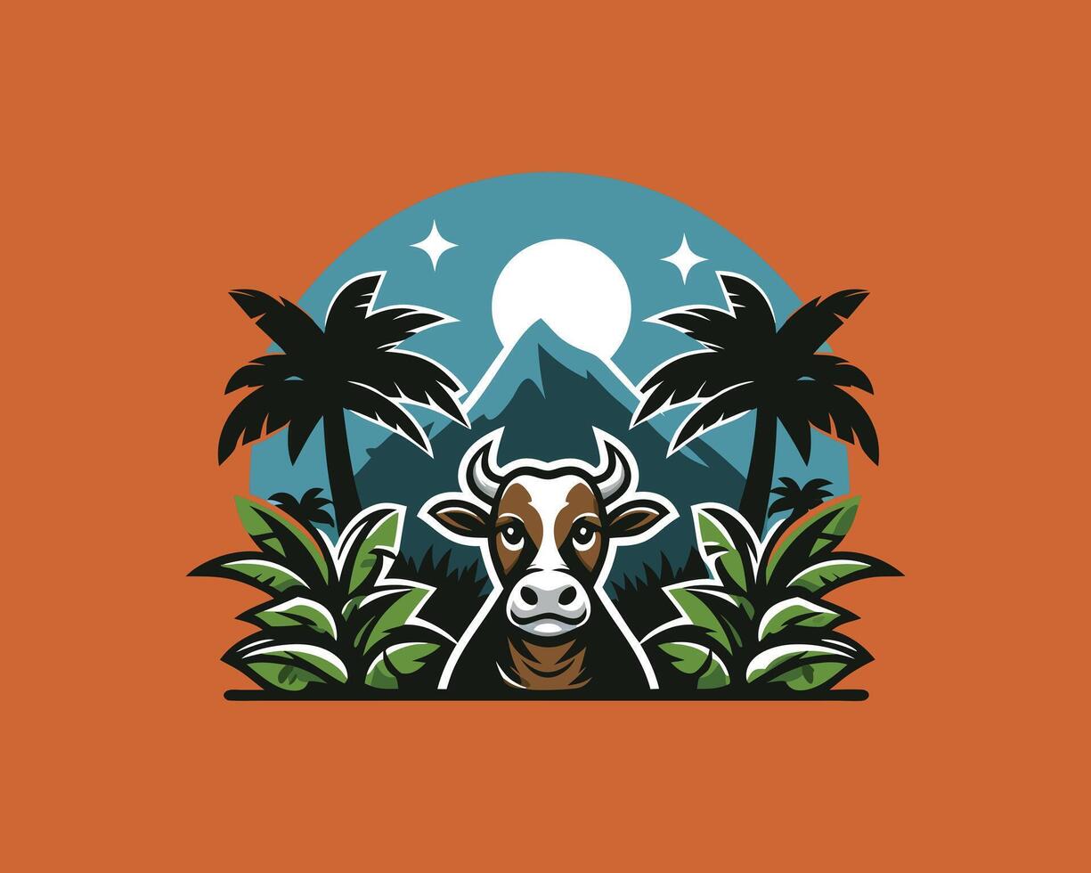 cow in the jungle with palm trees and mountains vector