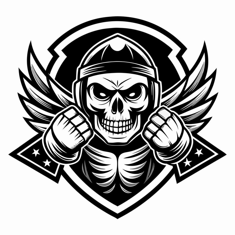 skull with boxing gloves and wings in the center of a shield vector