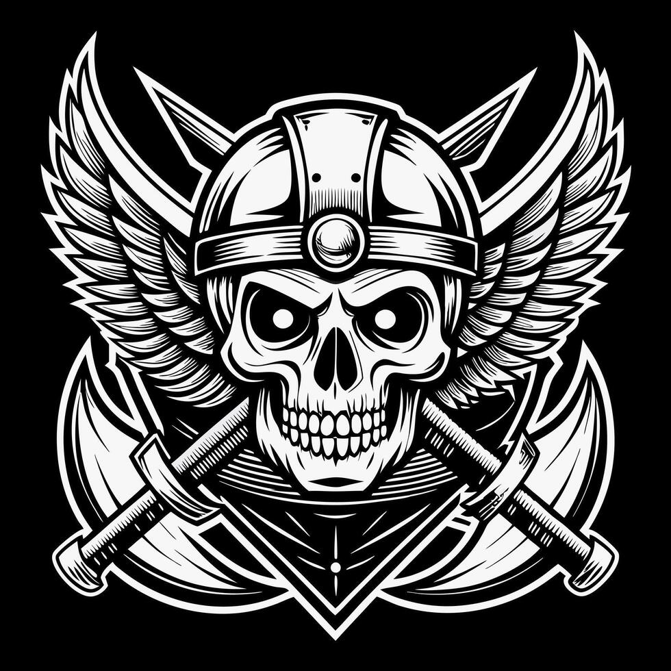 skull in viking helmet with crossed axes on black background vector