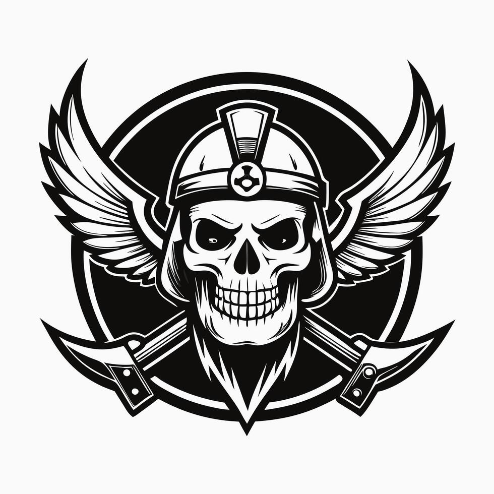 skull with helmet and axes in black and white vector