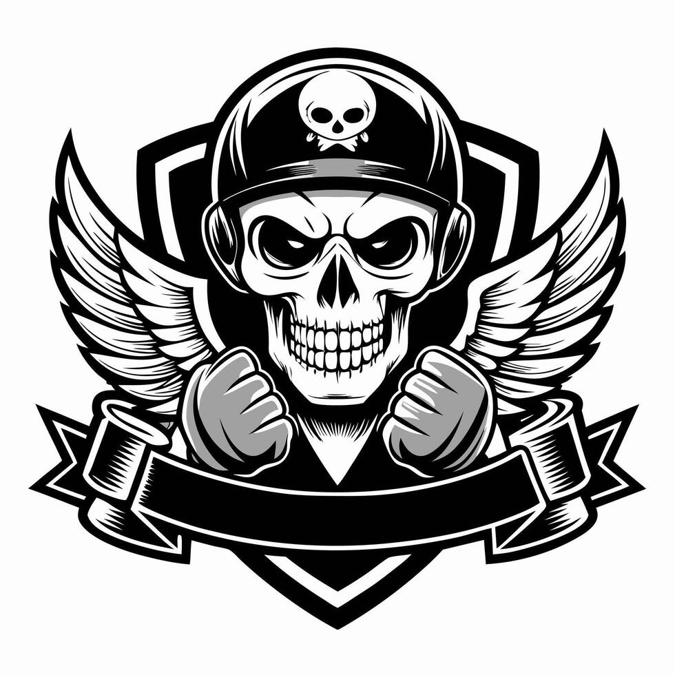 skull with wings and helmet in black and white vector