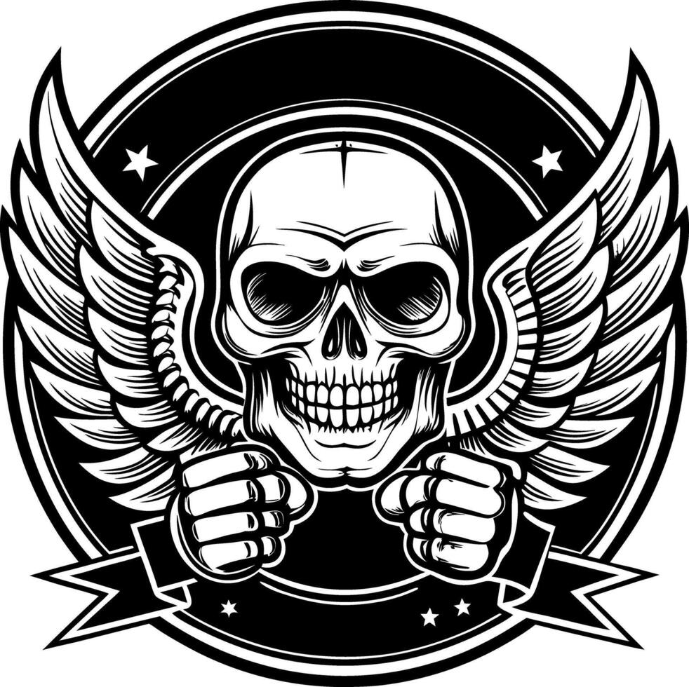skull with wings and a black and white emblem vector