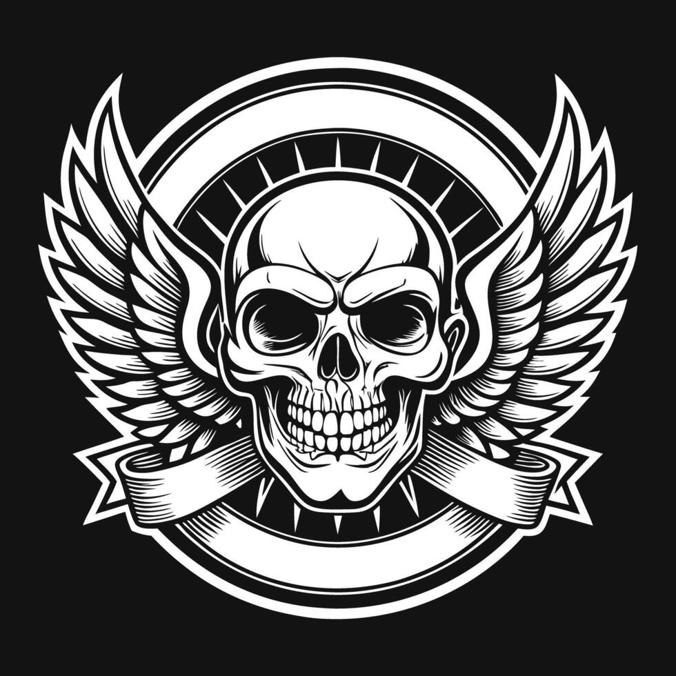 skull with wings and ribbon on black background vector