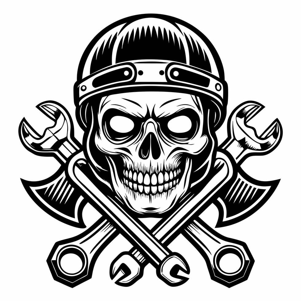 skull in helmet with wrenches and hammer vector
