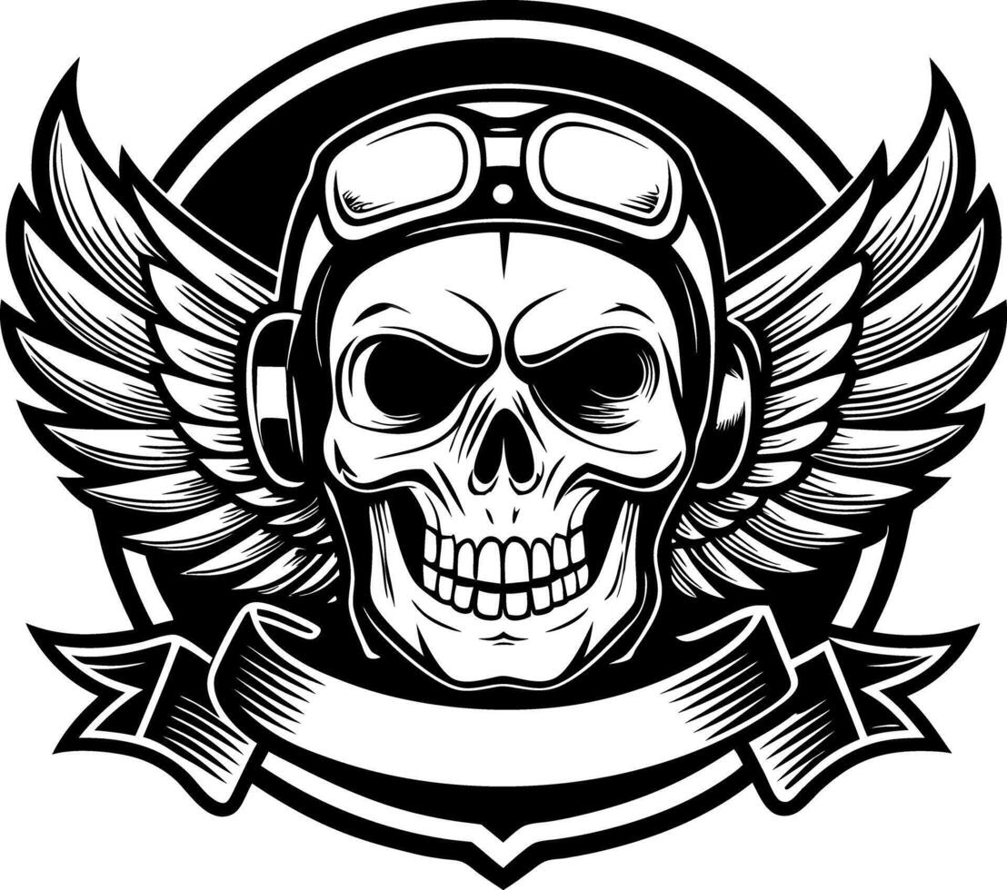 skull with wings and helmet in black and white vector