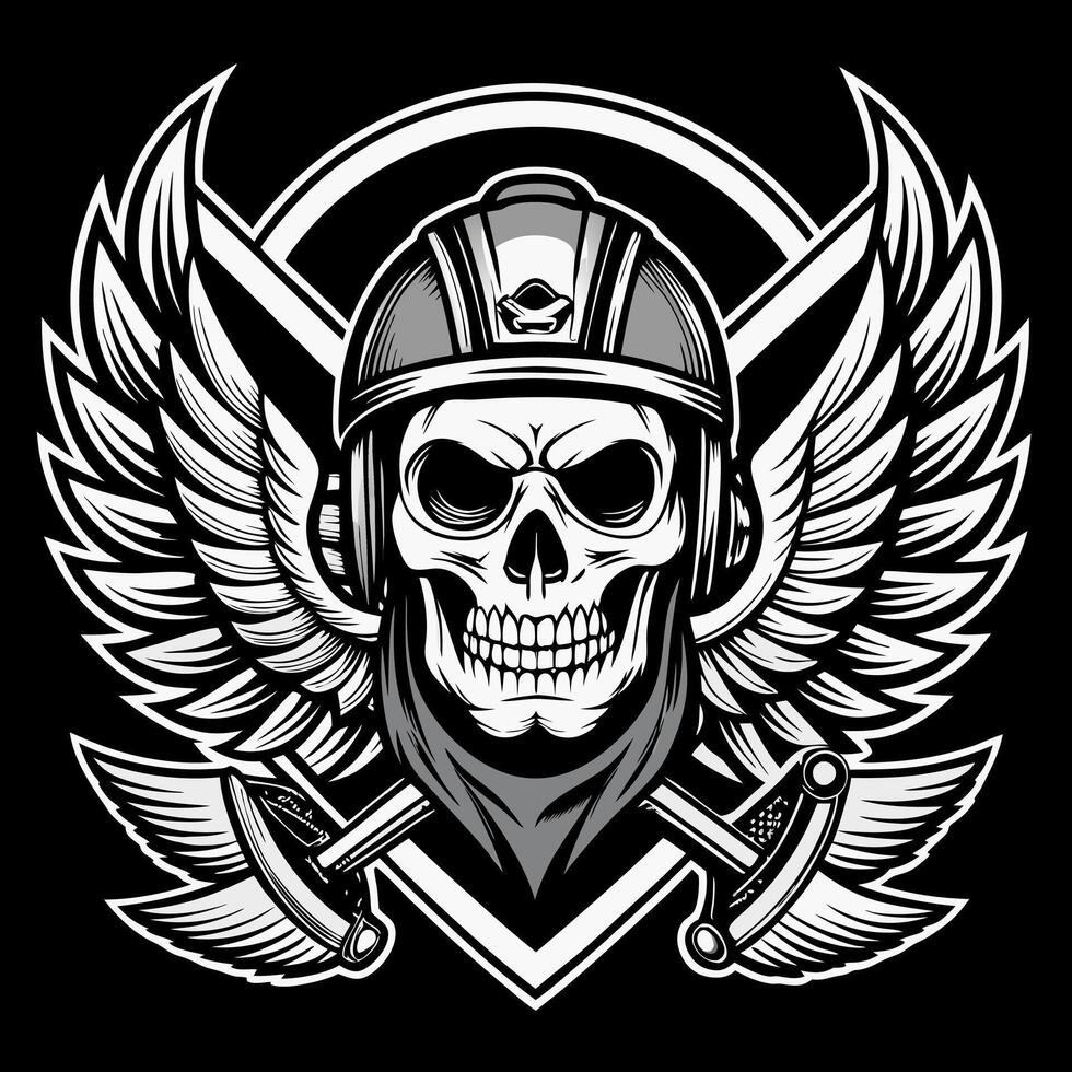 skull with helmet and wings on black background vector