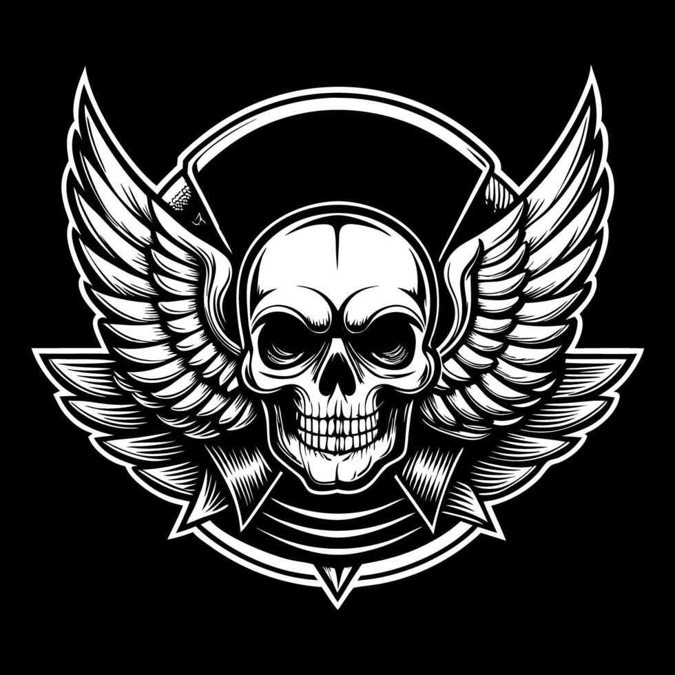 skull with wings and ribbon on black background vector