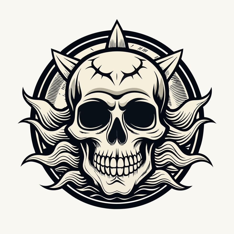 skull with spiked hair and horns in a circle vector