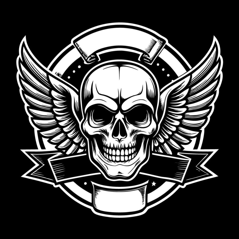 skull with wings and ribbon on black background vector