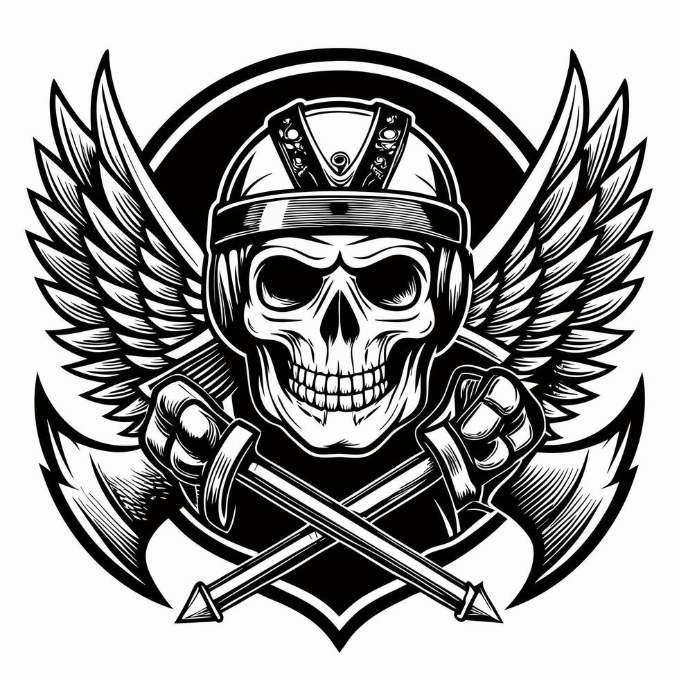 skull with wings and axes in a helmet vector