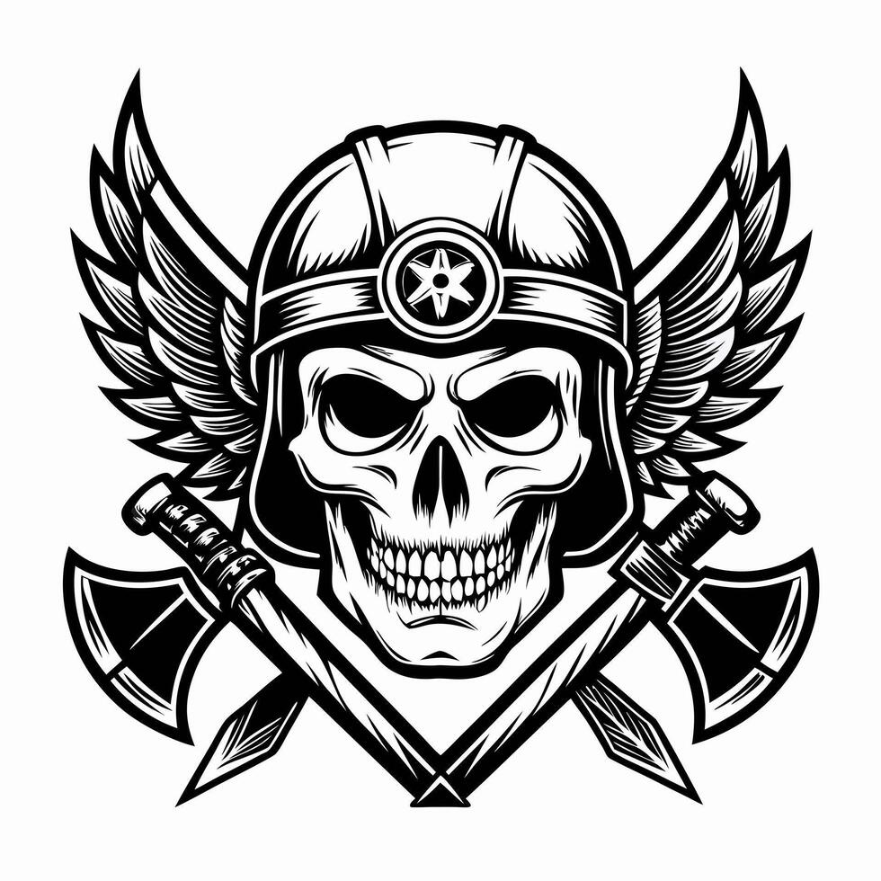 skull in helmet with crossed axes and wings vector