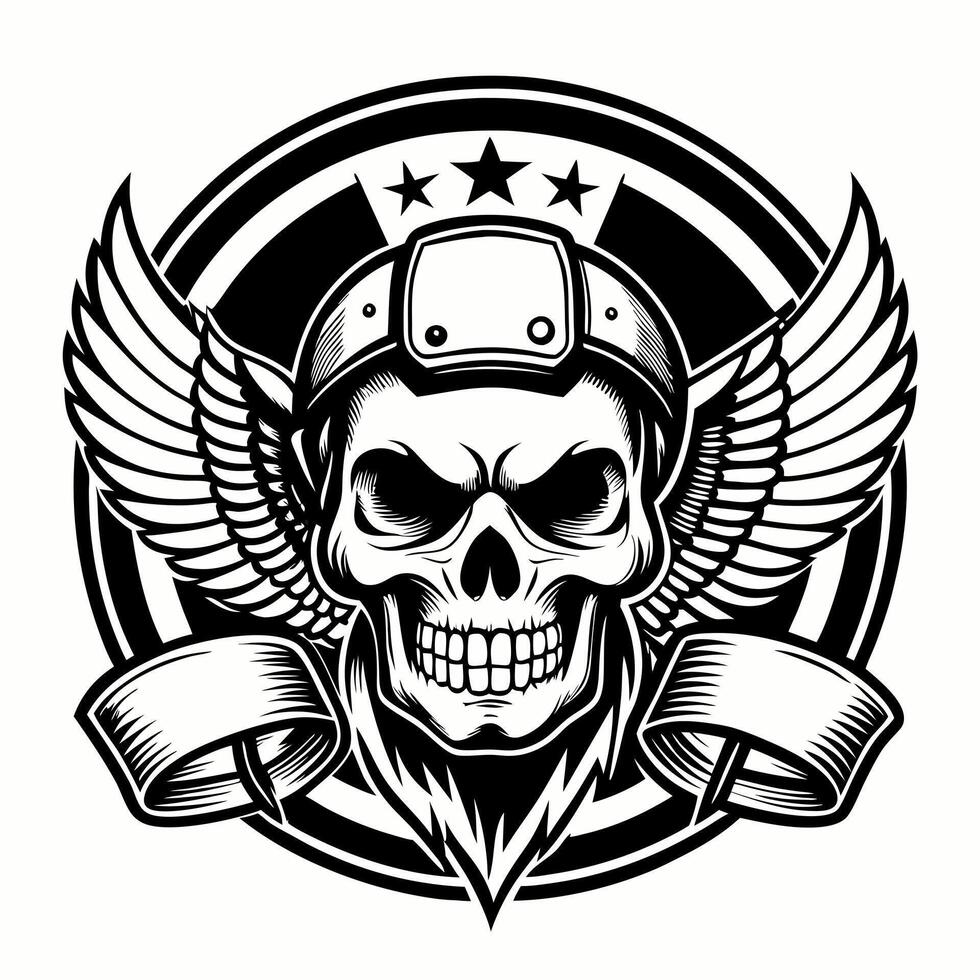 skull with wings and helmet in a black and white design vector