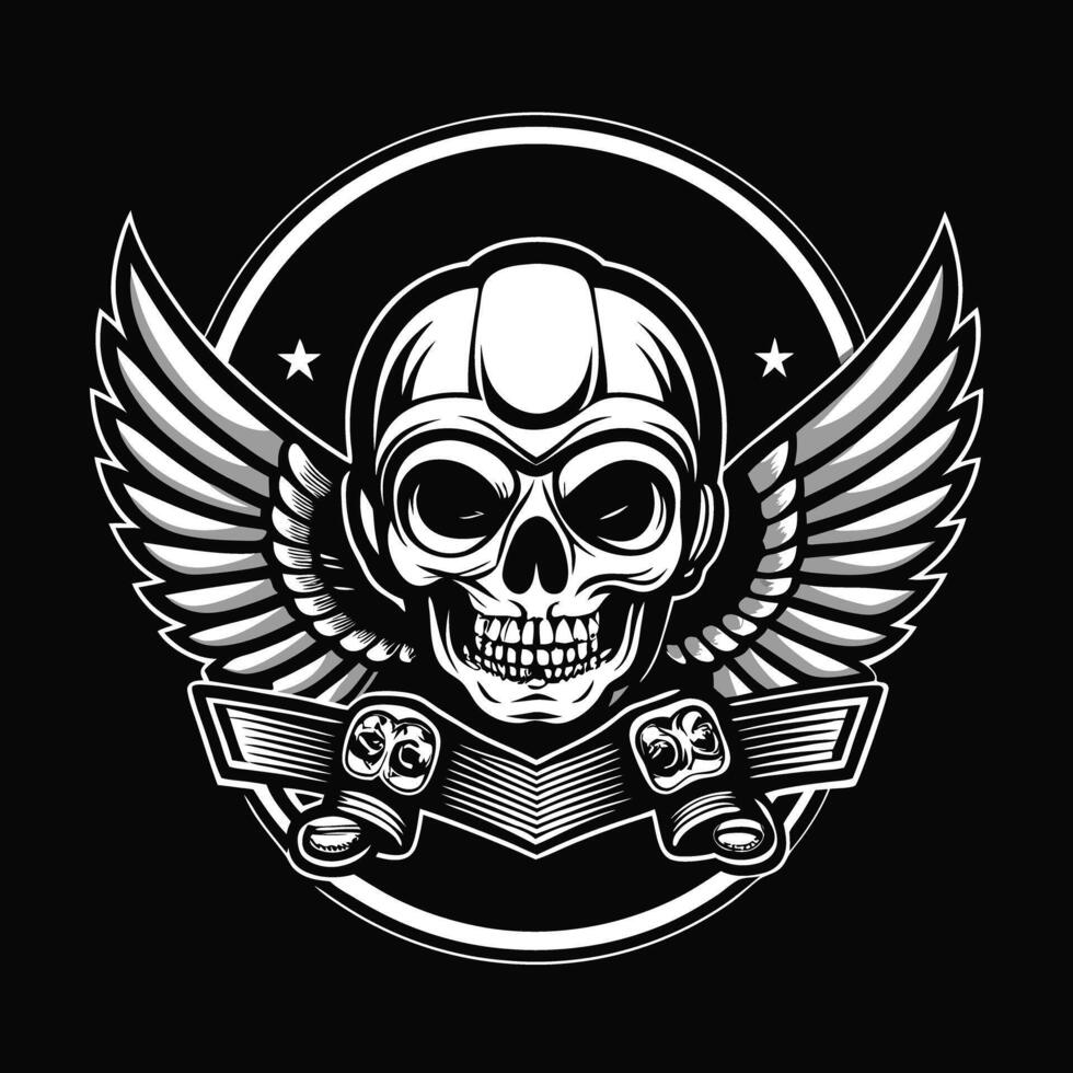skull with wings and ribbon on black background vector