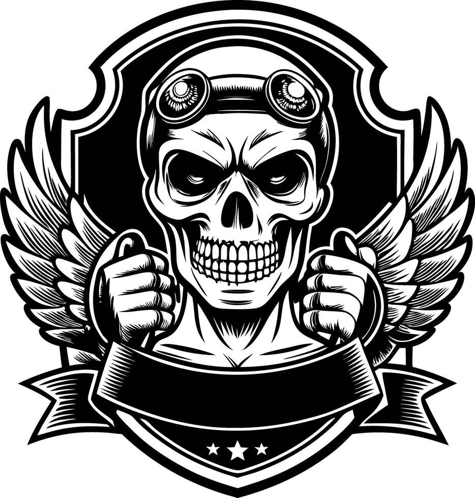 skull with wings and goggles in a black and white emblem vector