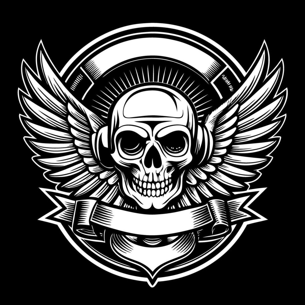 skull with wings and banner on black background vector