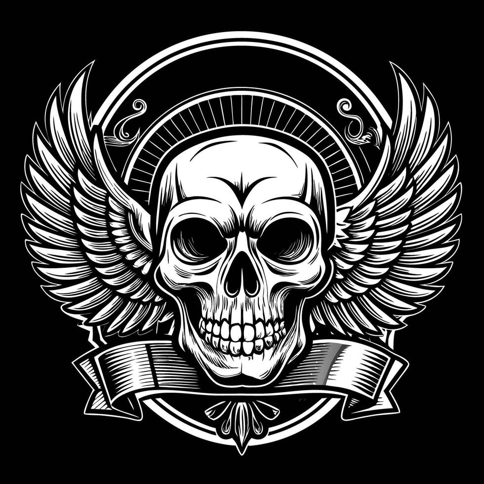 skull with wings on black background vector