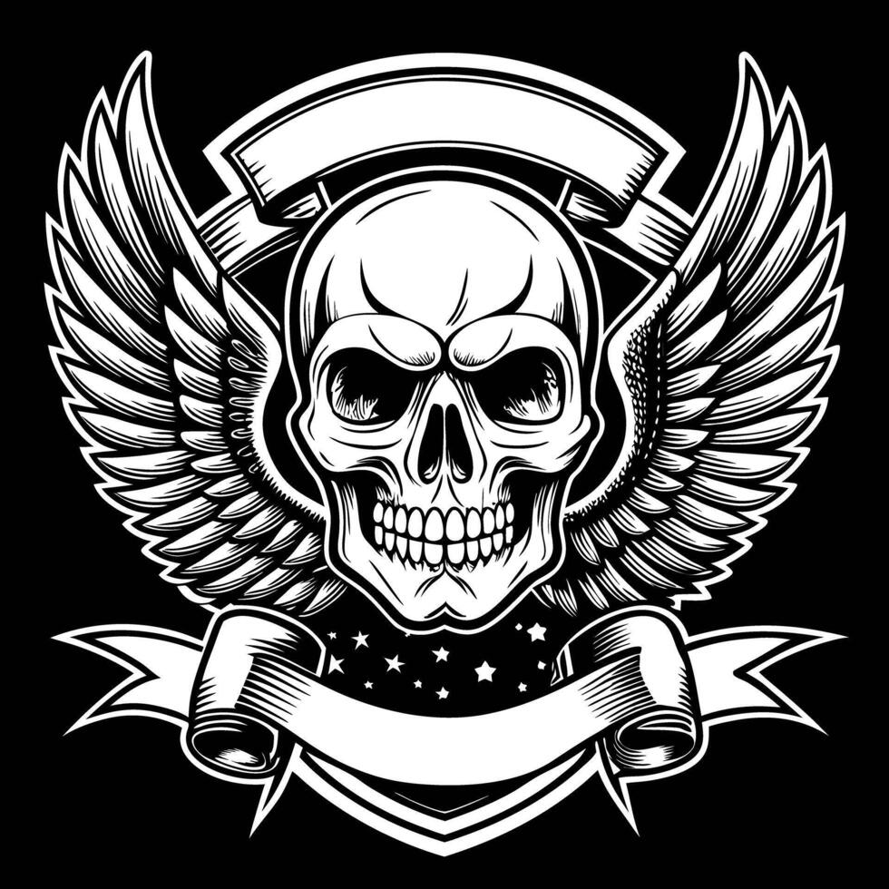 skull with wings and ribbon on black background vector