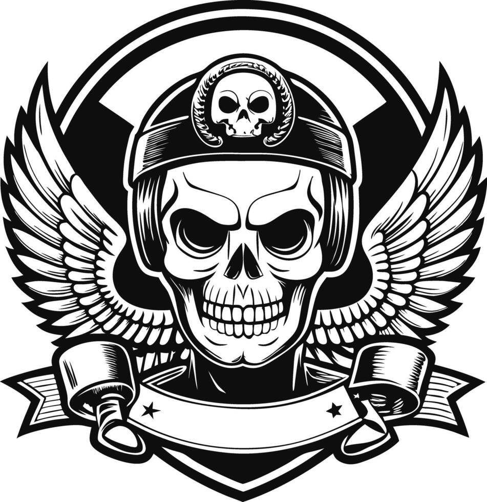 skull with helmet and wings in black and white vector