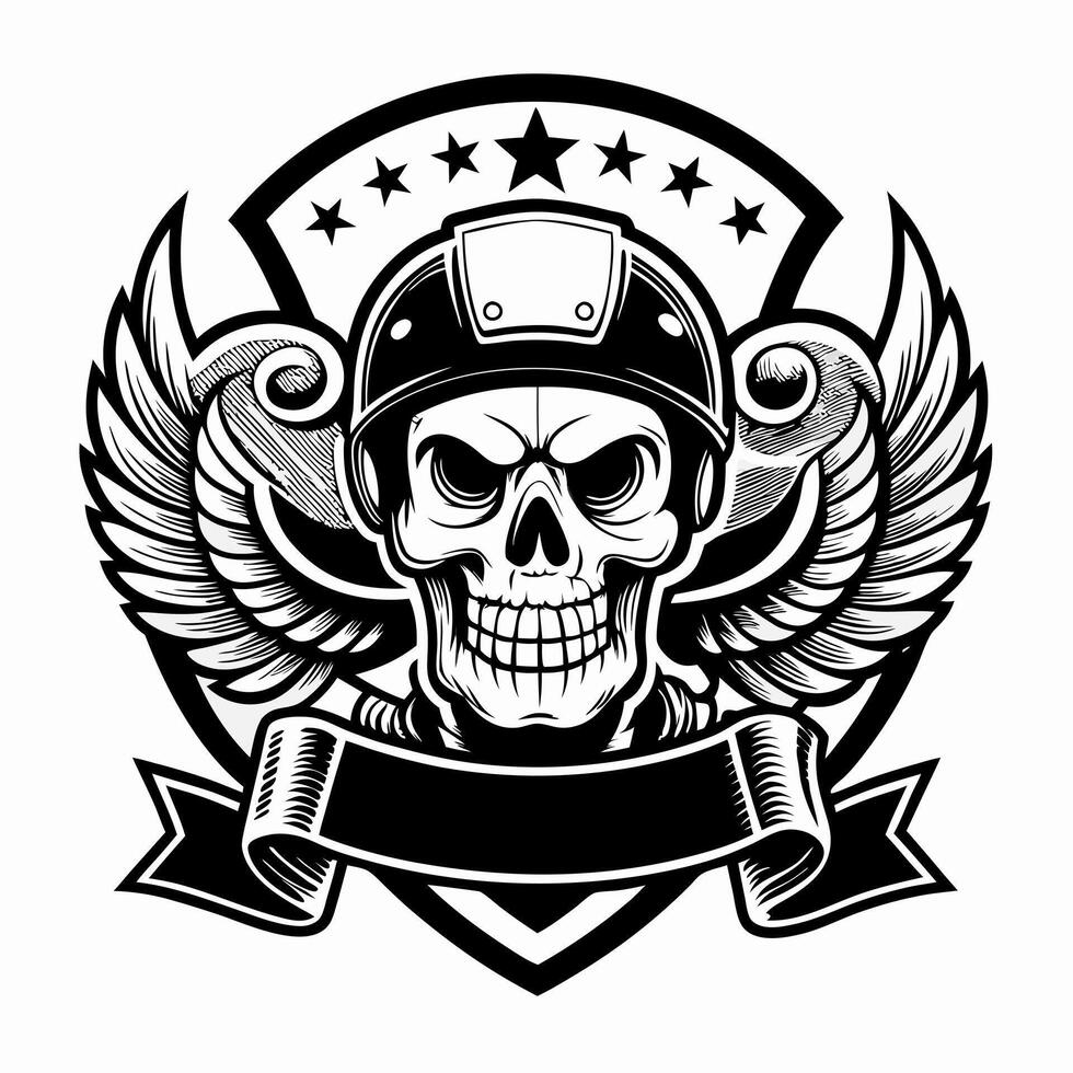 skull with wings and helmet in black and white vector