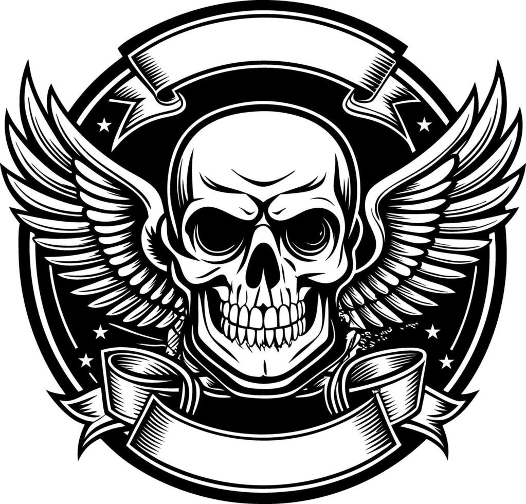 skull with wings and ribbon in a black and white design vector