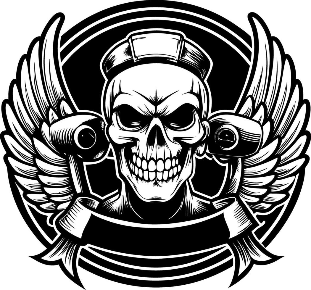 skull with wings and banner in black and white vector