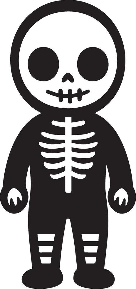 Little kid wearing Skeleton suit costume linear black vector