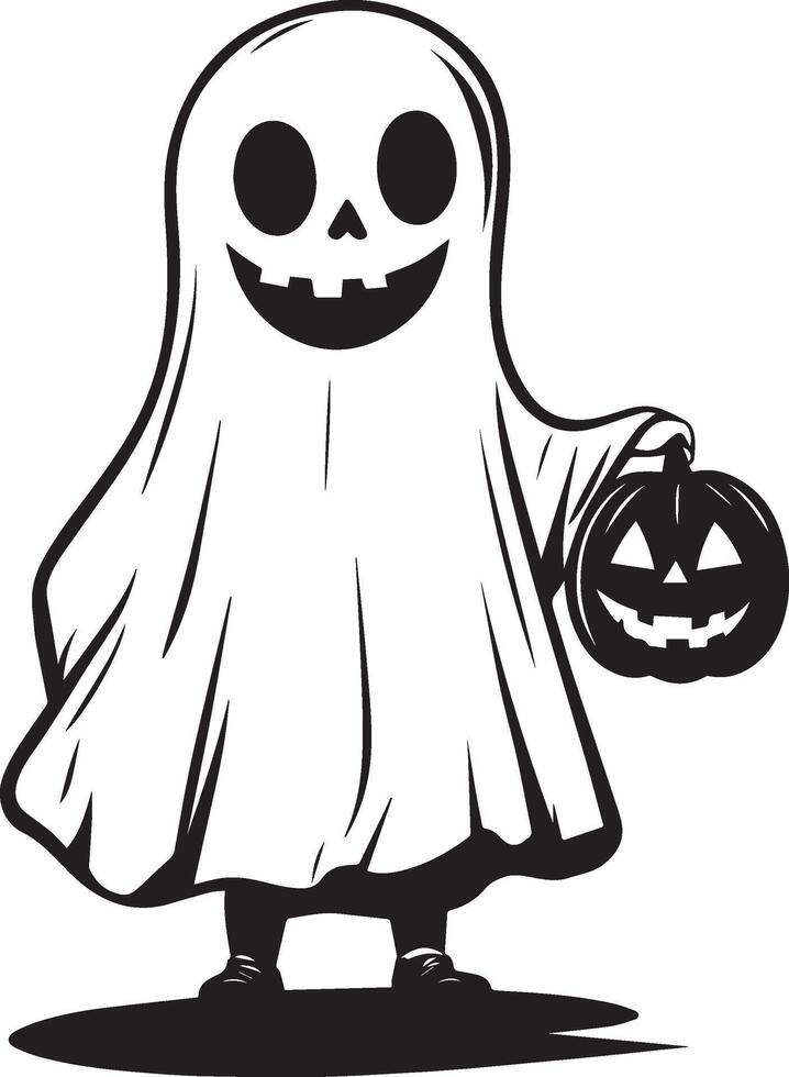 Little kid wearing Ghost sheet costume holding jack o lantern clean simple black vector