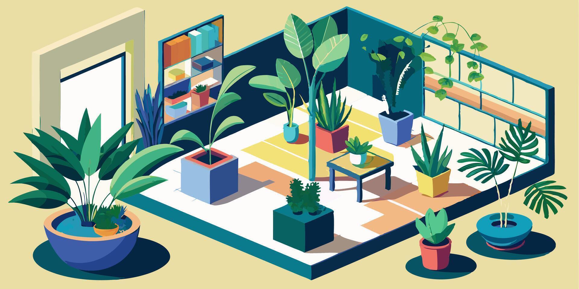 an illustration of a room with plants vector